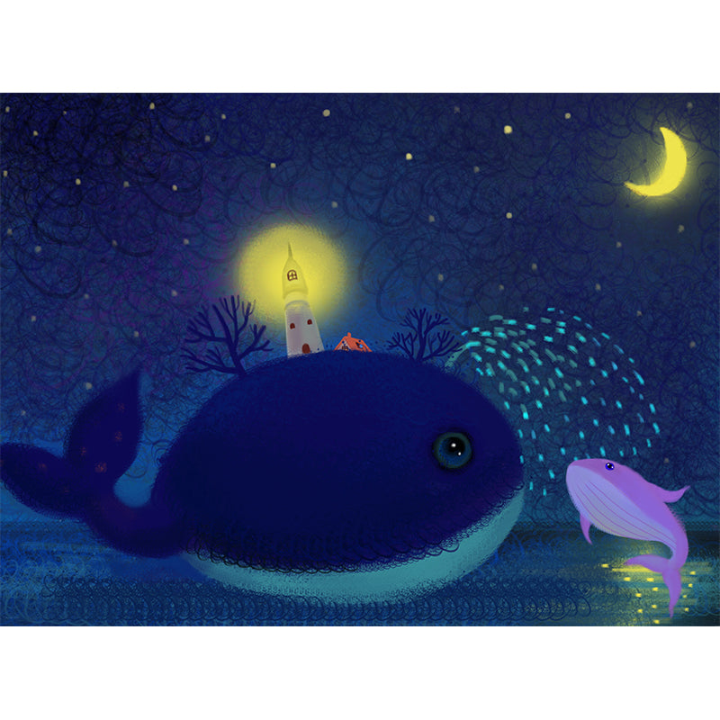 Illustration Childrens Art Mural Blue-Yellow Lighthouse in Whale Under Starry Sky Wall Covering, Custom Made Clearhalo 'Wall Decor' 'Wall Mural' 1442714