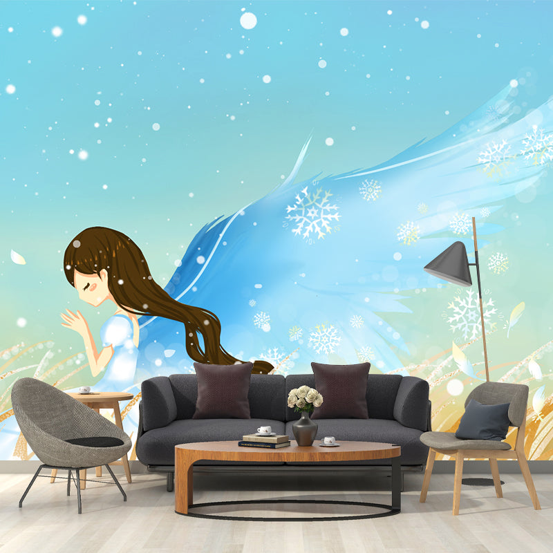 Full-Size Frost Day Mural for Bedroom Angel in Wheat Field Wall Art in Blue, Stain Resistant Blue Clearhalo 'Wall Decor' 'Wall Mural' 1442716