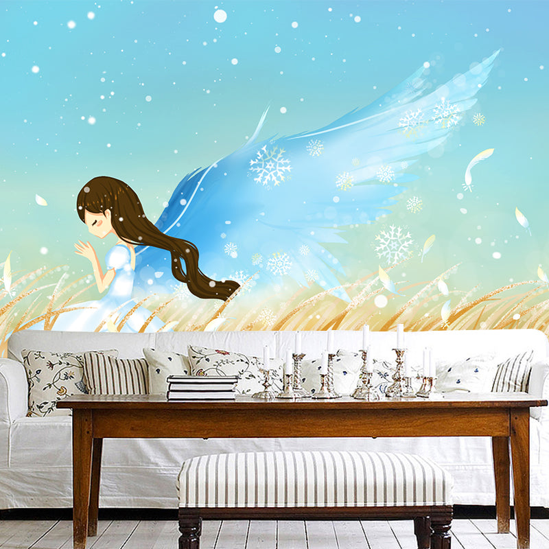 Full-Size Frost Day Mural for Bedroom Angel in Wheat Field Wall Art in Blue, Stain Resistant Clearhalo 'Wall Decor' 'Wall Mural' 1442717