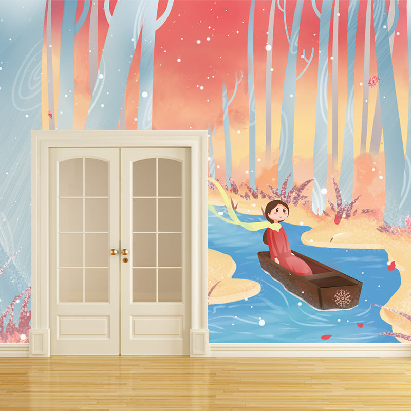 Non-Woven Waterproof Mural Kids Style Drifting in Late Fall Forest Wall Covering Blue-Yellow Clearhalo 'Wall Decor' 'Wall Mural' 1442728