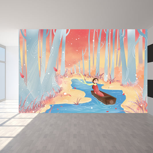 Non-Woven Waterproof Mural Kids Style Drifting in Late Fall Forest Wall Covering Clearhalo 'Wall Decor' 'Wall Mural' 1442729