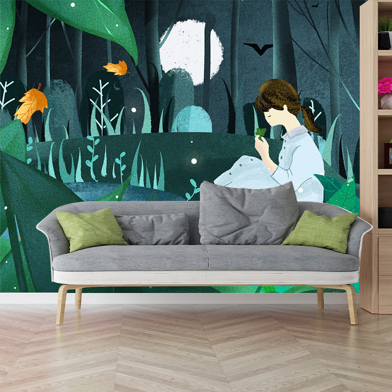 Childrens Art Moon Night Mural Green Girl in Forest Wall Decor for Bedroom, Custom-Print Green Clearhalo 'Wall Decor' 'Wall Mural' 1442735