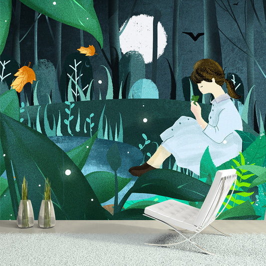 Childrens Art Moon Night Mural Green Girl in Forest Wall Decor for Bedroom, Custom-Print Clearhalo 'Wall Decor' 'Wall Mural' 1442736