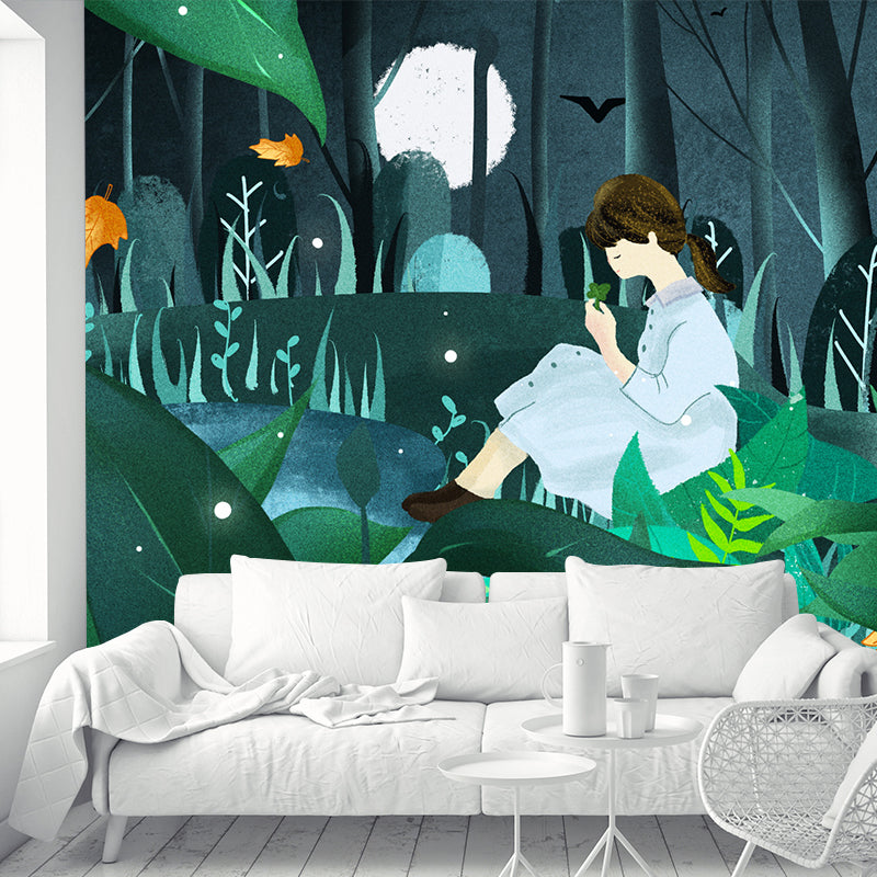 Childrens Art Moon Night Mural Green Girl in Forest Wall Decor for Bedroom, Custom-Print Clearhalo 'Wall Decor' 'Wall Mural' 1442737