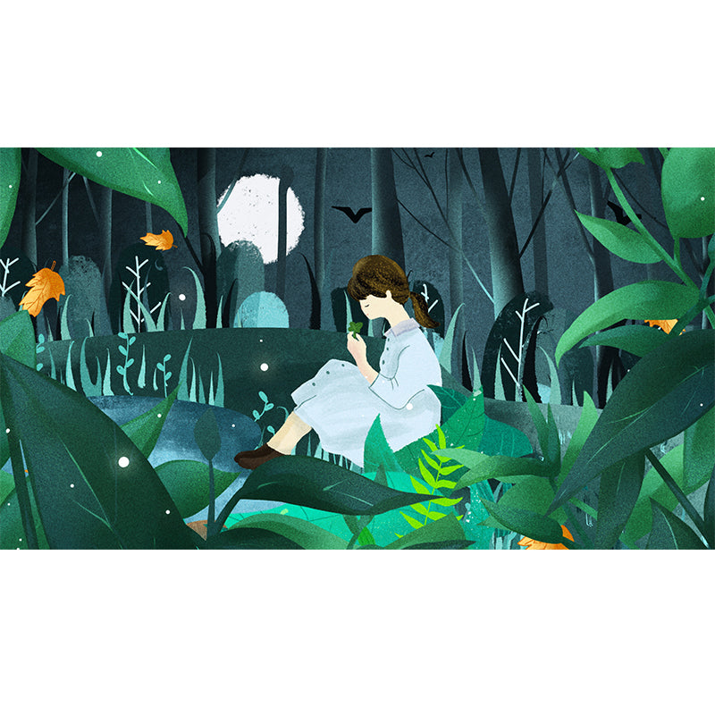 Childrens Art Moon Night Mural Green Girl in Forest Wall Decor for Bedroom, Custom-Print Clearhalo 'Wall Decor' 'Wall Mural' 1442738