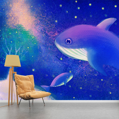 Blue-Purple Whales Wall Mural Starry Night Childrens Art Waterproof Wall Covering Blue-Purple Clearhalo 'Wall Decor' 'Wall Mural' 1442740