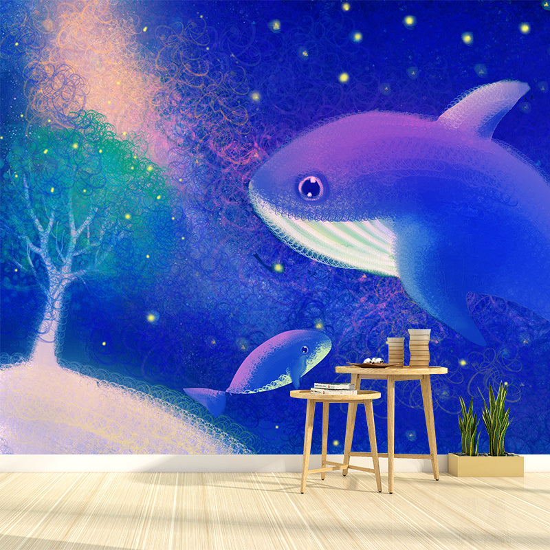Blue-Purple Whales Wall Mural Starry Night Childrens Art Waterproof Wall Covering Clearhalo 'Wall Decor' 'Wall Mural' 1442741
