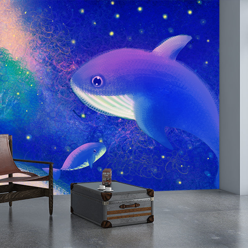 Blue-Purple Whales Wall Mural Starry Night Childrens Art Waterproof Wall Covering Clearhalo 'Wall Decor' 'Wall Mural' 1442742