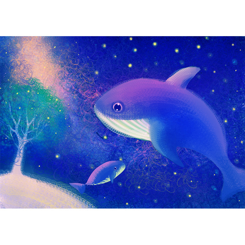 Blue-Purple Whales Wall Mural Starry Night Childrens Art Waterproof Wall Covering Clearhalo 'Wall Decor' 'Wall Mural' 1442743