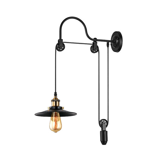1 Bulb Flat Wall Mounted Lamp Industrial Style Black Metallic Adjustable Wall Lighting Fixture with Pulley Design Clearhalo 'Art deco wall lights' 'Cast Iron' 'Glass' 'Industrial wall lights' 'Industrial' 'Middle century wall lights' 'Modern' 'Rustic wall lights' 'Tiffany' 'Traditional wall lights' 'Wall Lamps & Sconces' 'Wall Lights' Lighting' 144384