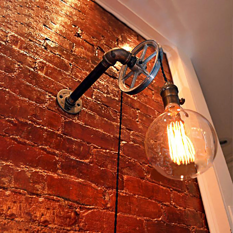 Vintage Style Pulley Design Wall Light with Bare Bulb 1 Light Iron Sconce Light Fixture in Rust for Farmhouse Rust Clearhalo 'Art deco wall lights' 'Cast Iron' 'Glass' 'Industrial wall lights' 'Industrial' 'Middle century wall lights' 'Modern' 'Rustic wall lights' 'Tiffany' 'Traditional wall lights' 'Wall Lamps & Sconces' 'Wall Lights' Lighting' 144389