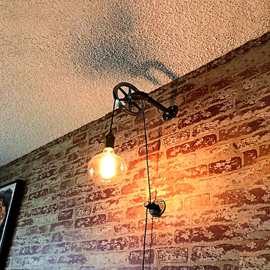 Vintage Style Pulley Design Wall Light with Bare Bulb 1 Light Iron Sconce Light Fixture in Rust for Farmhouse Clearhalo 'Art deco wall lights' 'Cast Iron' 'Glass' 'Industrial wall lights' 'Industrial' 'Middle century wall lights' 'Modern' 'Rustic wall lights' 'Tiffany' 'Traditional wall lights' 'Wall Lamps & Sconces' 'Wall Lights' Lighting' 144390
