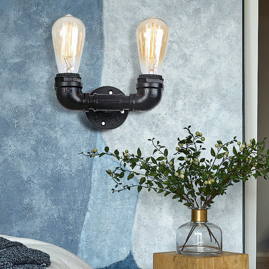 2 Heads Metal Wall Mount Light Industrial Black/Antique Brass Water Pipe Living Room Sconce Wall Light Black Clearhalo 'Art deco wall lights' 'Cast Iron' 'Glass' 'Industrial wall lights' 'Industrial' 'Middle century wall lights' 'Modern' 'Rustic wall lights' 'Tiffany' 'Traditional wall lights' 'Wall Lamps & Sconces' 'Wall Lights' Lighting' 144413