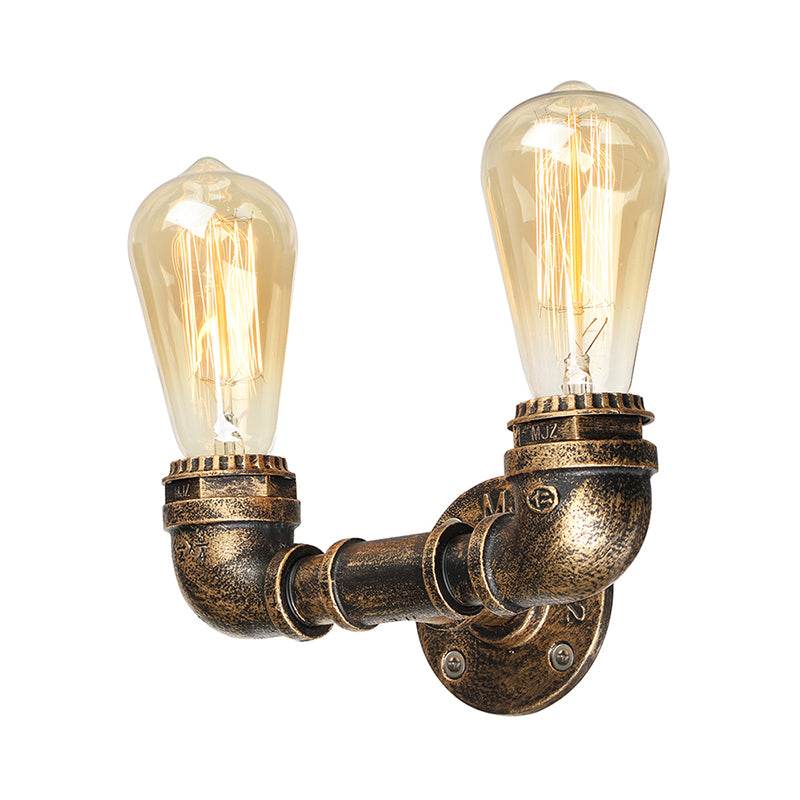 2 Heads Metal Wall Mount Light Industrial Black/Antique Brass Water Pipe Living Room Sconce Wall Light Clearhalo 'Art deco wall lights' 'Cast Iron' 'Glass' 'Industrial wall lights' 'Industrial' 'Middle century wall lights' 'Modern' 'Rustic wall lights' 'Tiffany' 'Traditional wall lights' 'Wall Lamps & Sconces' 'Wall Lights' Lighting' 144418