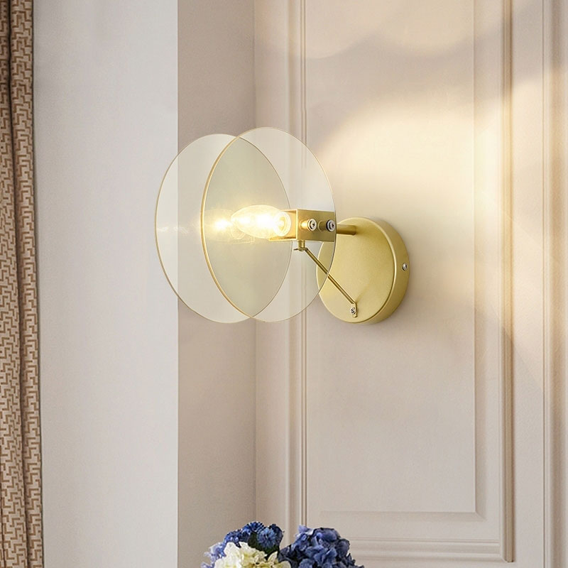 Clear Glass 2 Disk Sconce Modernist 1 Light Wall Mount Light Fixture in Gold for Living Room Gold Clearhalo 'Cast Iron' 'Glass' 'Industrial' 'Modern wall lights' 'Modern' 'Tiffany' 'Traditional wall lights' 'Wall Lamps & Sconces' 'Wall Lights' Lighting' 144477