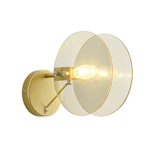 Clear Glass 2 Disk Sconce Modernist 1 Light Wall Mount Light Fixture in Gold for Living Room Clearhalo 'Cast Iron' 'Glass' 'Industrial' 'Modern wall lights' 'Modern' 'Tiffany' 'Traditional wall lights' 'Wall Lamps & Sconces' 'Wall Lights' Lighting' 144478