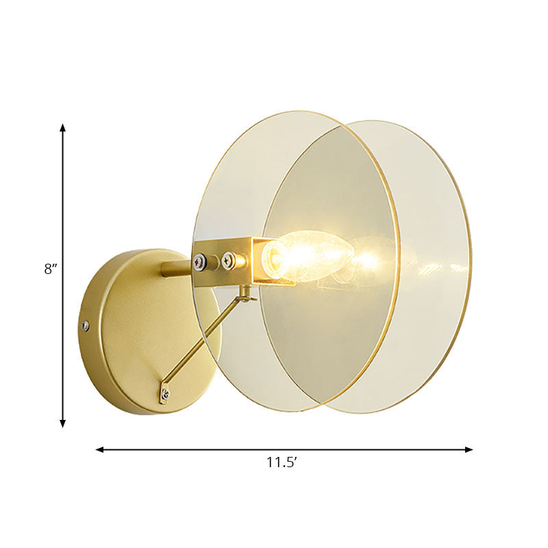 Clear Glass 2 Disk Sconce Modernist 1 Light Wall Mount Light Fixture in Gold for Living Room Clearhalo 'Cast Iron' 'Glass' 'Industrial' 'Modern wall lights' 'Modern' 'Tiffany' 'Traditional wall lights' 'Wall Lamps & Sconces' 'Wall Lights' Lighting' 144479