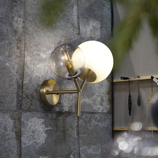 Modern 2 Lights Wall Lamp with Smoke and White Glass Shade Gold Globe Sconce Light Fixture Clearhalo 'Cast Iron' 'Glass' 'Industrial' 'Modern wall lights' 'Modern' 'Tiffany' 'Traditional wall lights' 'Wall Lamps & Sconces' 'Wall Lights' Lighting' 144486