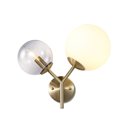Modern 2 Lights Wall Lamp with Smoke and White Glass Shade Gold Globe Sconce Light Fixture Clearhalo 'Cast Iron' 'Glass' 'Industrial' 'Modern wall lights' 'Modern' 'Tiffany' 'Traditional wall lights' 'Wall Lamps & Sconces' 'Wall Lights' Lighting' 144488