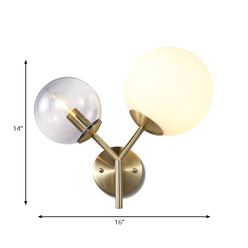 Modern 2 Lights Wall Lamp with Smoke and White Glass Shade Gold Globe Sconce Light Fixture - Clearhalo - 'Cast Iron' - 'Glass' - 'Industrial' - 'Modern wall lights' - 'Modern' - 'Tiffany' - 'Traditional wall lights' - 'Wall Lamps & Sconces' - 'Wall Lights' - Lighting' - 144489