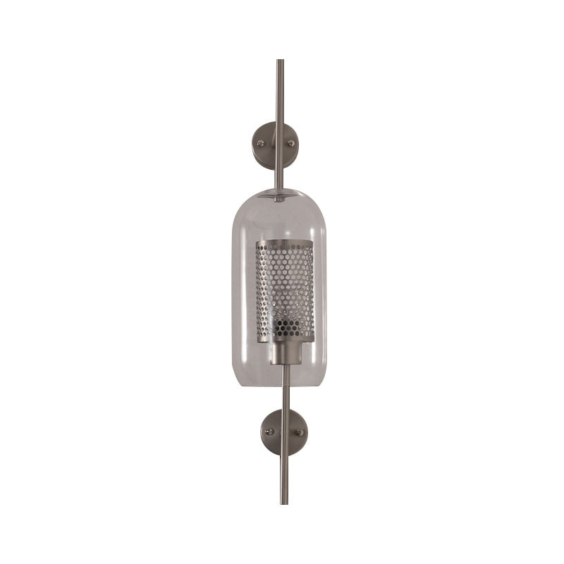 Silver/Gold Cylindrical Wall Sconce Industrial 1 Light Smoke Glass Wall Mount Light Fixture, 5"/6" Wide Clearhalo 'Cast Iron' 'Glass' 'Industrial' 'Modern wall lights' 'Modern' 'Tiffany' 'Traditional wall lights' 'Wall Lamps & Sconces' 'Wall Lights' Lighting' 144508