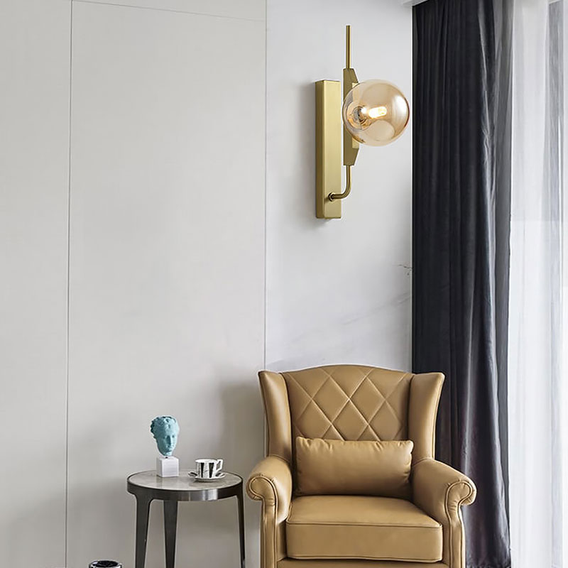Led Bedroom Sconce Lighting with Sphere Smoky/White/Amber Glass Shade Modernist Brass Wall Mount Light Clearhalo 'Cast Iron' 'Glass' 'Industrial' 'Modern wall lights' 'Modern' 'Tiffany' 'Traditional wall lights' 'Wall Lamps & Sconces' 'Wall Lights' Lighting' 144520