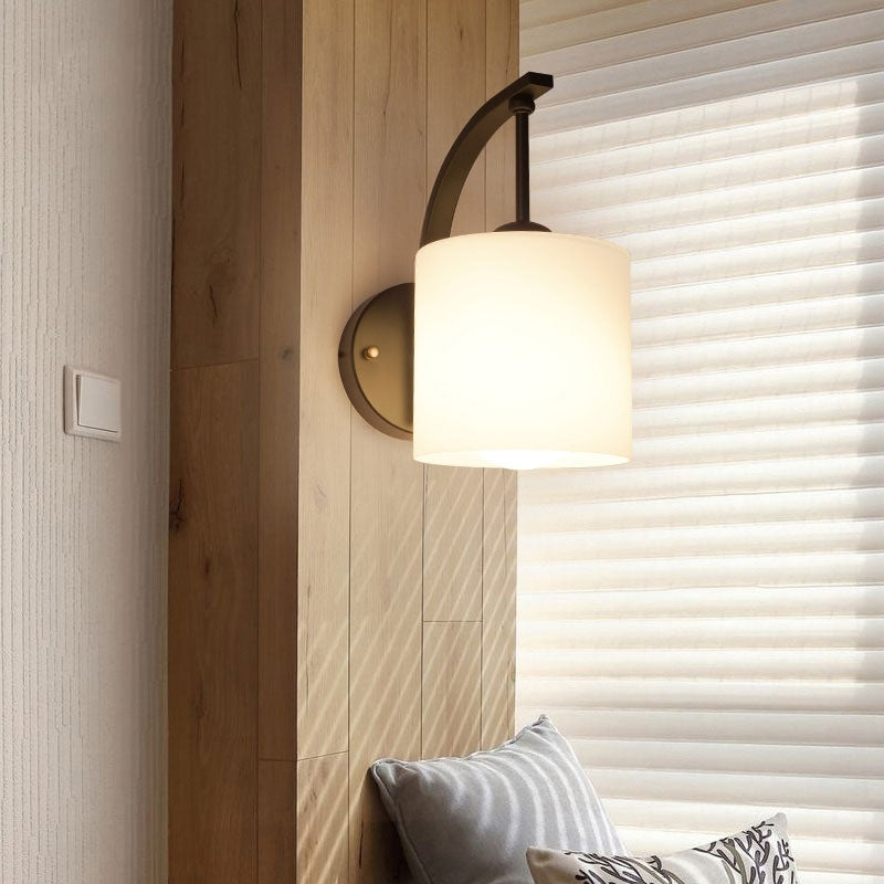 White Glass Cylindrical Wall Lighting Vintage 1 Light Wall Sconce Light in Black with Curved Arm Clearhalo 'Cast Iron' 'Glass' 'Industrial' 'Modern wall lights' 'Modern' 'Tiffany' 'Traditional wall lights' 'Wall Lamps & Sconces' 'Wall Lights' Lighting' 144601