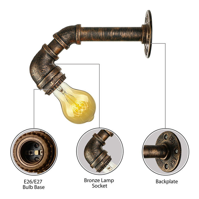 Wrought Iron Bronze Wall Mount Light with Water Pipe 1 Light Industrial Mini Sconce Lighting Clearhalo 'Art deco wall lights' 'Cast Iron' 'Glass' 'Industrial wall lights' 'Industrial' 'Middle century wall lights' 'Modern' 'Rustic wall lights' 'Tiffany' 'Traditional wall lights' 'Wall Lamps & Sconces' 'Wall Lights' Lighting' 144707