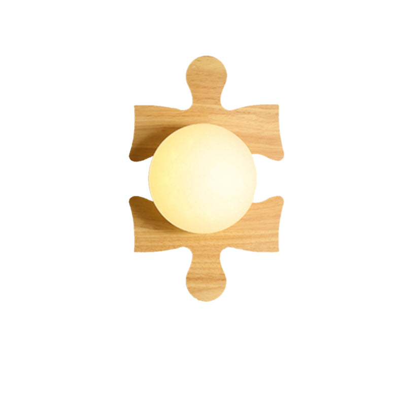 Japanese Style Orb Wall Light with Wooden Puzzle Base Glass 1 Light Beige Sconce Lamp for Corridor Kitchen Wood C Clearhalo 'Modern wall lights' 'Modern' 'Wall Lamps & Sconces' 'Wall Lights' Lighting' 145060