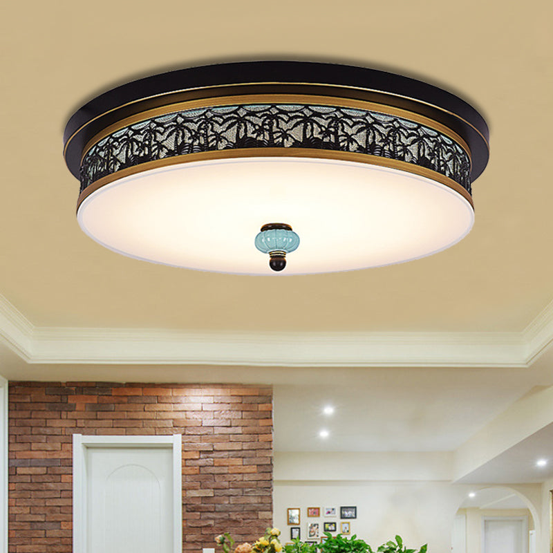 16"/19.5" W Black-Gold LED Flush Mount Countryside Opal Glass Drum Ceiling Light Fixture for Dining Hall Black-Gold 16" B Clearhalo 'Ceiling Lights' 'Close To Ceiling Lights' 'Close to ceiling' 'Flush mount' Lighting' 1450745