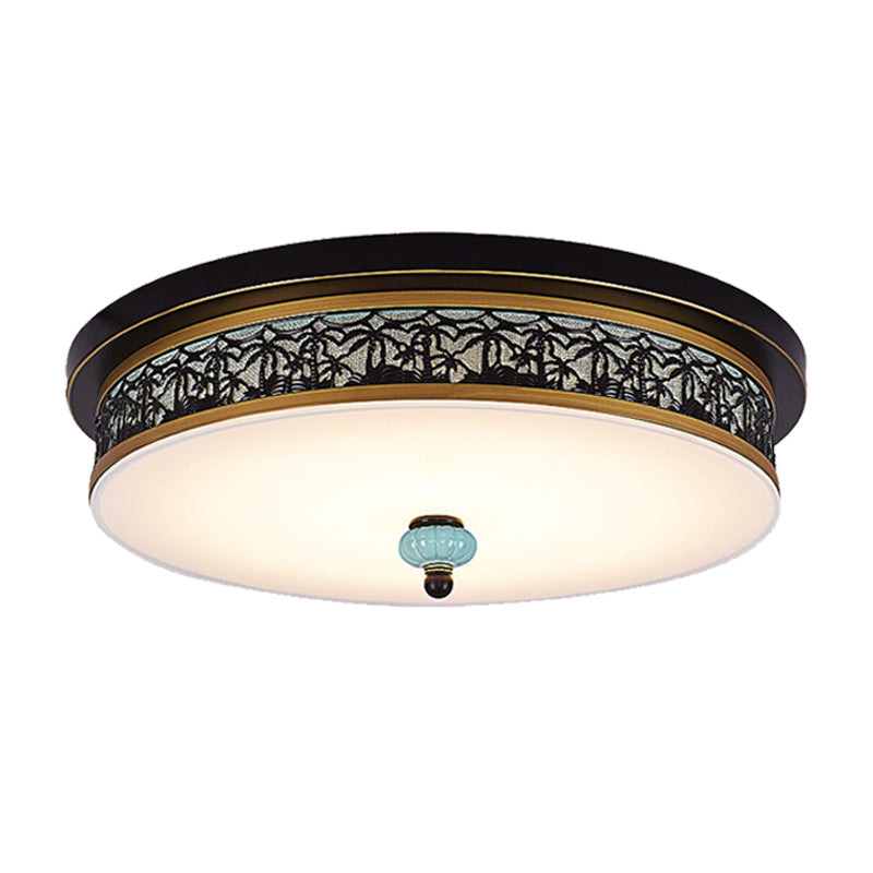 16"/19.5" W Black-Gold LED Flush Mount Countryside Opal Glass Drum Ceiling Light Fixture for Dining Hall Clearhalo 'Ceiling Lights' 'Close To Ceiling Lights' 'Close to ceiling' 'Flush mount' Lighting' 1450746