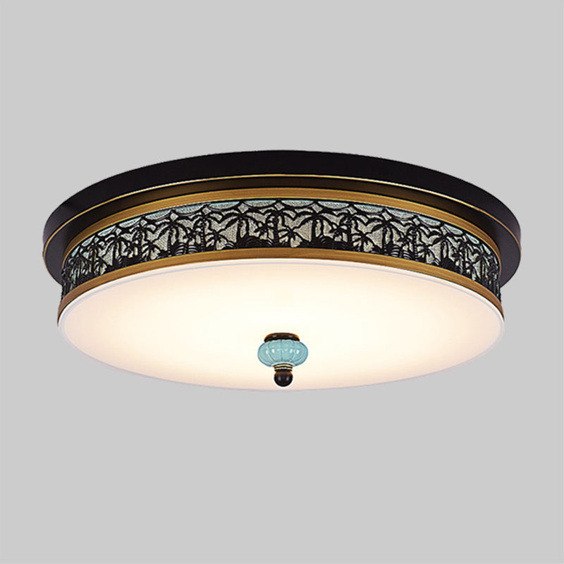 16"/19.5" W Black-Gold LED Flush Mount Countryside Opal Glass Drum Ceiling Light Fixture for Dining Hall Clearhalo 'Ceiling Lights' 'Close To Ceiling Lights' 'Close to ceiling' 'Flush mount' Lighting' 1450747