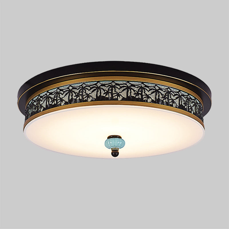 16"/19.5" W Black-Gold LED Flush Mount Countryside Opal Glass Drum Ceiling Light Fixture for Dining Hall Clearhalo 'Ceiling Lights' 'Close To Ceiling Lights' 'Close to ceiling' 'Flush mount' Lighting' 1450747