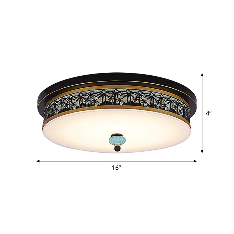 16"/19.5" W Black-Gold LED Flush Mount Countryside Opal Glass Drum Ceiling Light Fixture for Dining Hall Clearhalo 'Ceiling Lights' 'Close To Ceiling Lights' 'Close to ceiling' 'Flush mount' Lighting' 1450748