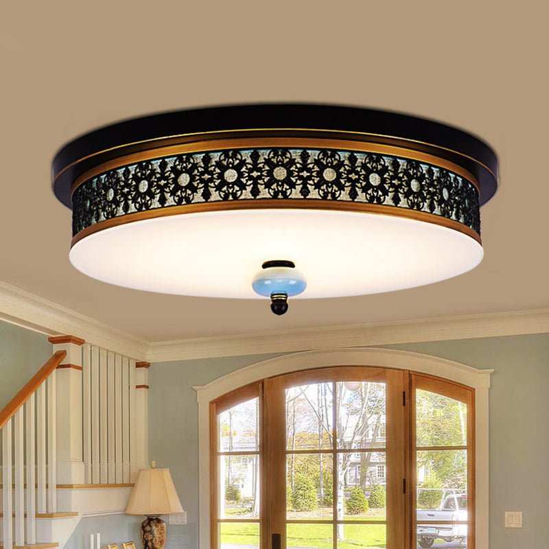 16"/19.5" W Black-Gold LED Flush Mount Countryside Opal Glass Drum Ceiling Light Fixture for Dining Hall Clearhalo 'Ceiling Lights' 'Close To Ceiling Lights' 'Close to ceiling' 'Flush mount' Lighting' 1450750