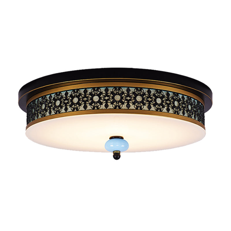 16"/19.5" W Black-Gold LED Flush Mount Countryside Opal Glass Drum Ceiling Light Fixture for Dining Hall Clearhalo 'Ceiling Lights' 'Close To Ceiling Lights' 'Close to ceiling' 'Flush mount' Lighting' 1450751