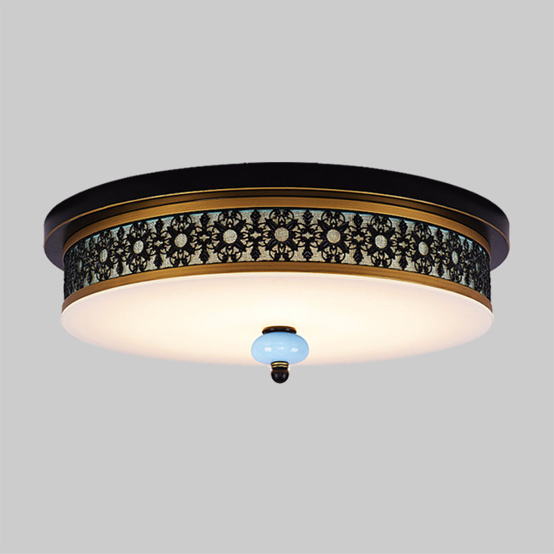 16"/19.5" W Black-Gold LED Flush Mount Countryside Opal Glass Drum Ceiling Light Fixture for Dining Hall Clearhalo 'Ceiling Lights' 'Close To Ceiling Lights' 'Close to ceiling' 'Flush mount' Lighting' 1450752
