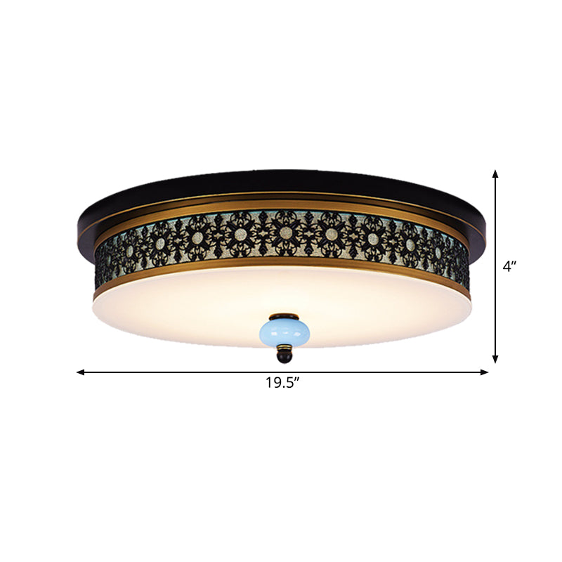 16"/19.5" W Black-Gold LED Flush Mount Countryside Opal Glass Drum Ceiling Light Fixture for Dining Hall Clearhalo 'Ceiling Lights' 'Close To Ceiling Lights' 'Close to ceiling' 'Flush mount' Lighting' 1450753