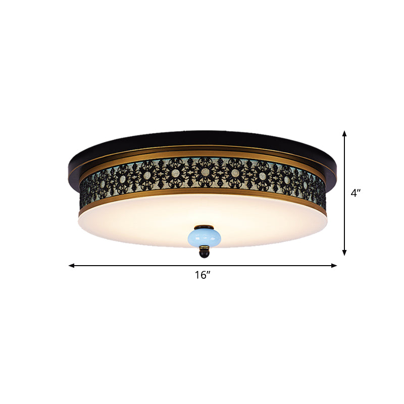 16"/19.5" W Black-Gold LED Flush Mount Countryside Opal Glass Drum Ceiling Light Fixture for Dining Hall Clearhalo 'Ceiling Lights' 'Close To Ceiling Lights' 'Close to ceiling' 'Flush mount' Lighting' 1450754