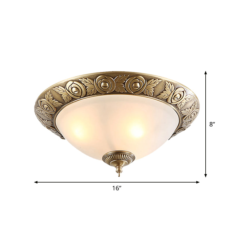 Brass Dome-Like Flush Mount Antiqued Milky Glass 2/3-Head 12"/16"/19" W Bedroom Ceiling Light Fixture