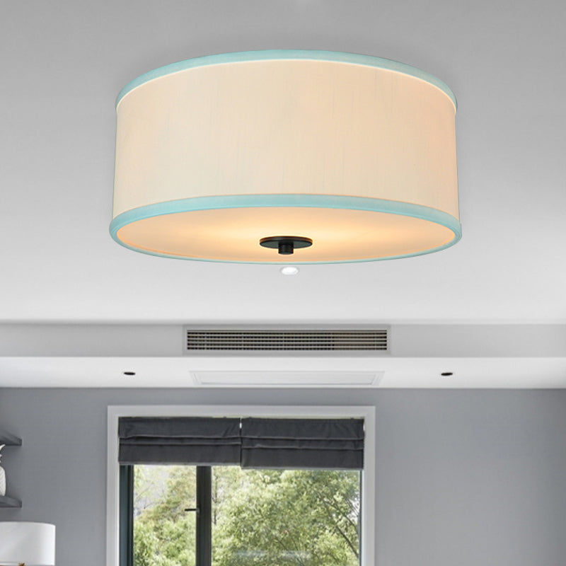 Drum Shade Flush Light Modern Fabric 5 Bulbs 16"/19.5" Wide Bedroom Ceiling Mount Fixture in Grey/White with Green Rim