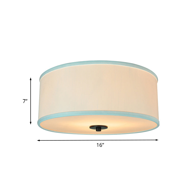Drum Shade Flush Light Modern Fabric 5 Bulbs 16"/19.5" Wide Bedroom Ceiling Mount Fixture in Grey/White with Green Rim