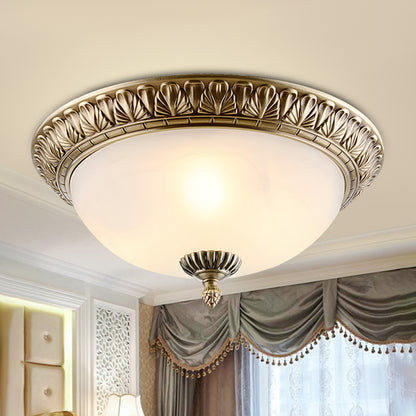 White Glass Brass Ceiling Fixture Dome 2/3-Light Retro Style Flush Mount Lighting, 12"/16"/19.5" Width Brass Clearhalo 'Ceiling Lights' 'Close To Ceiling Lights' 'Close to ceiling' 'Flush mount' Lighting' 1450845