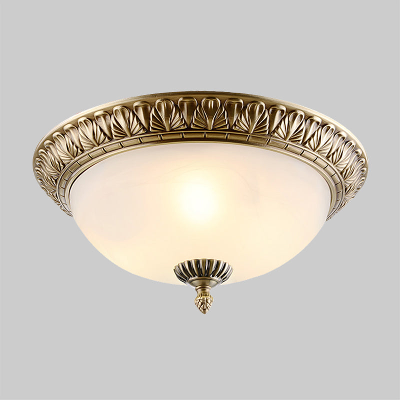 White Glass Brass Ceiling Fixture Dome 2/3-Light Retro Style Flush Mount Lighting, 12"/16"/19.5" Width Clearhalo 'Ceiling Lights' 'Close To Ceiling Lights' 'Close to ceiling' 'Flush mount' Lighting' 1450847