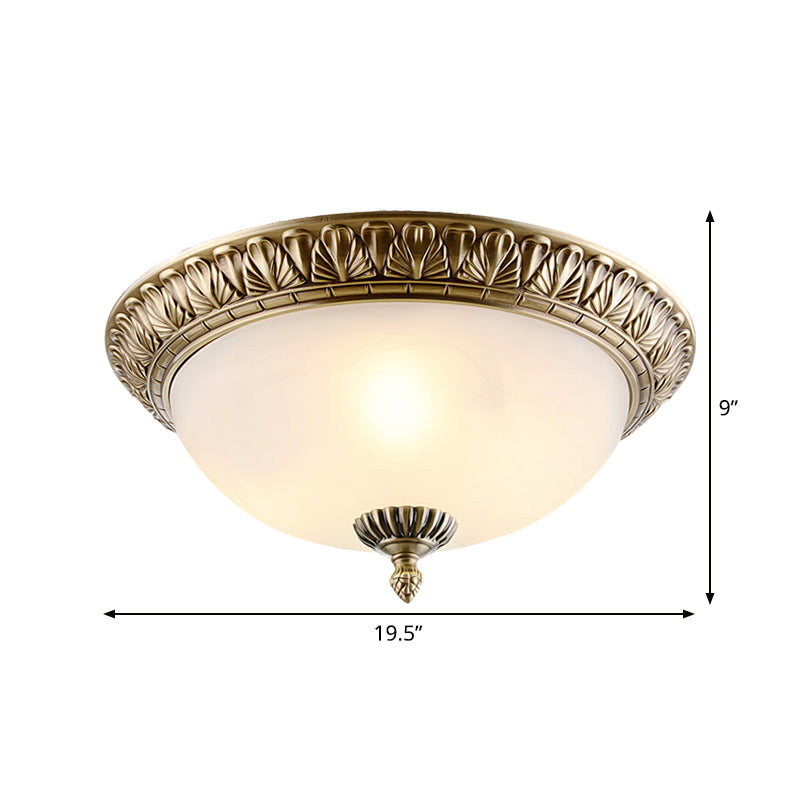 White Glass Brass Ceiling Fixture Dome 2/3-Light Retro Style Flush Mount Lighting, 12"/16"/19.5" Width Clearhalo 'Ceiling Lights' 'Close To Ceiling Lights' 'Close to ceiling' 'Flush mount' Lighting' 1450848