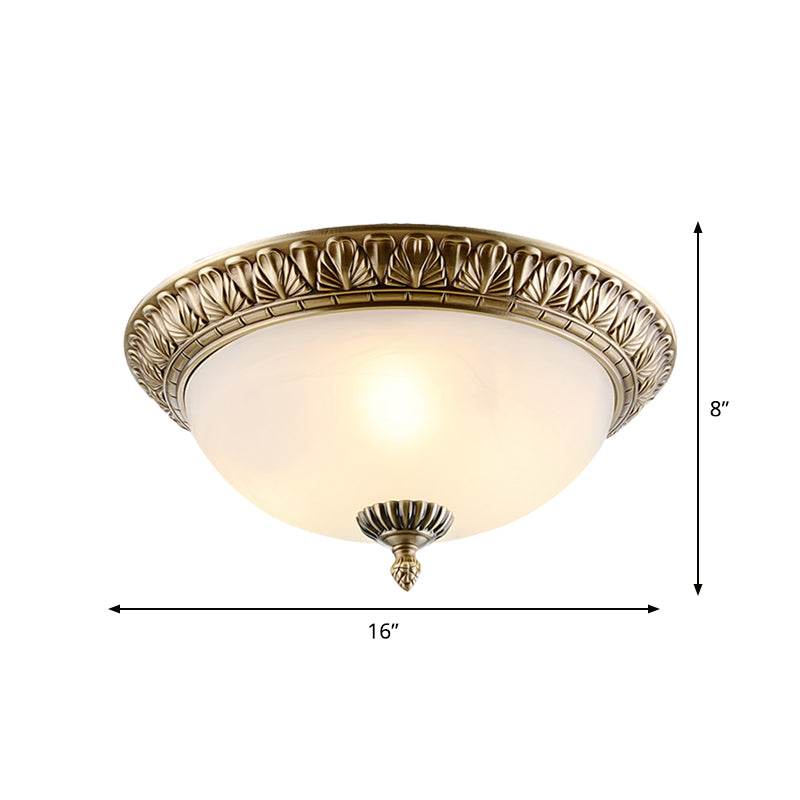 White Glass Brass Ceiling Fixture Dome 2/3-Light Retro Style Flush Mount Lighting, 12"/16"/19.5" Width Clearhalo 'Ceiling Lights' 'Close To Ceiling Lights' 'Close to ceiling' 'Flush mount' Lighting' 1450849