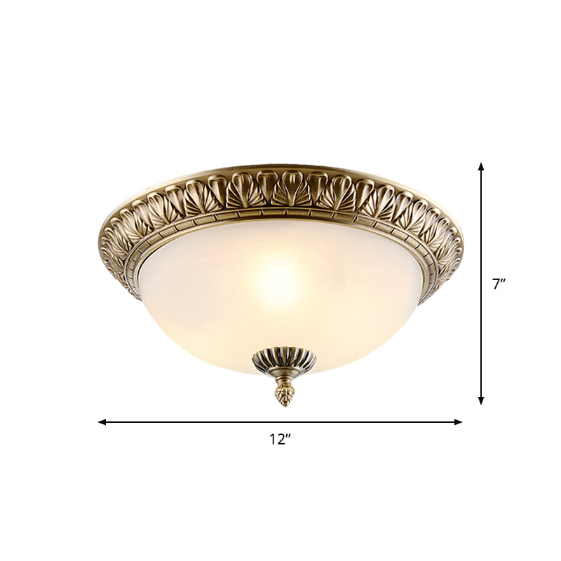 White Glass Brass Ceiling Fixture Dome 2/3-Light Retro Style Flush Mount Lighting, 12"/16"/19.5" Width Clearhalo 'Ceiling Lights' 'Close To Ceiling Lights' 'Close to ceiling' 'Flush mount' Lighting' 1450850