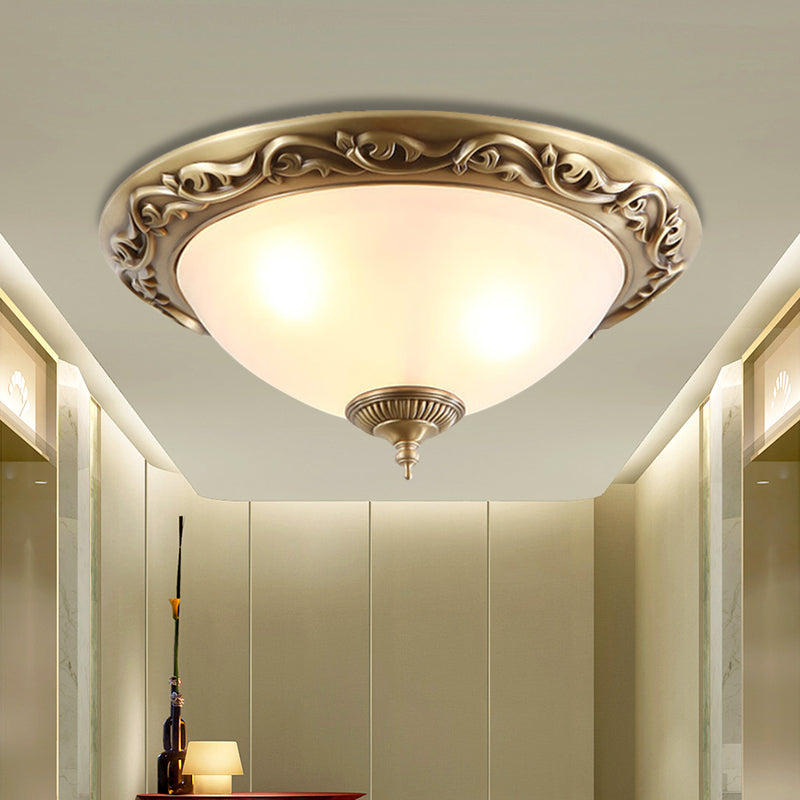 Opaline Glass Brass Flush Light Semicircle 12"/16"/19.5" Wide 2/3 Heads Traditional Ceiling Lighting for Bedroom