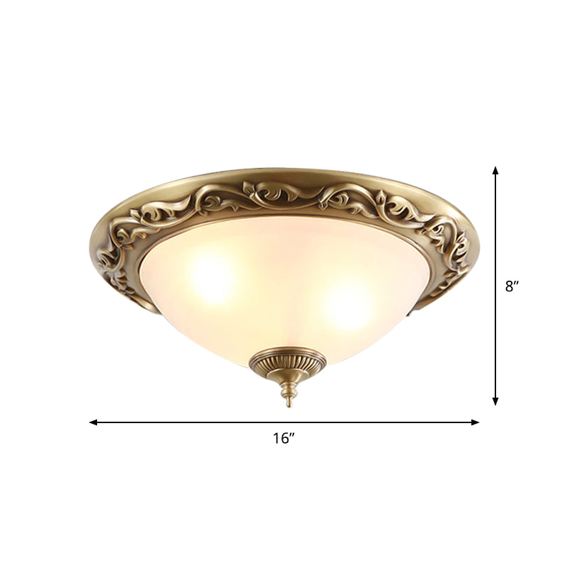 Opaline Glass Brass Flush Light Semicircle 12"/16"/19.5" Wide 2/3 Heads Traditional Ceiling Lighting for Bedroom