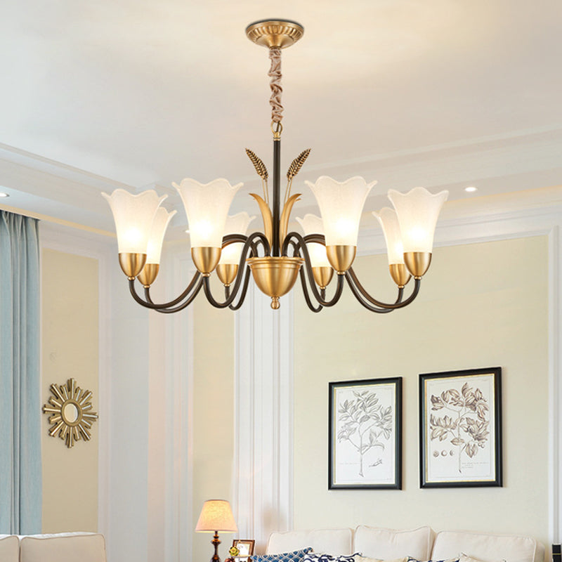 Country Style Mini Flower Pendulum Light 6/8 Bulbs Frosted Glass Hanging Chandelier with Scroll Arm in Black and Gold 8 Black-Gold Clearhalo 'Ceiling Lights' 'Chandeliers' 'Glass shade' 'Glass' Lighting' 1450871